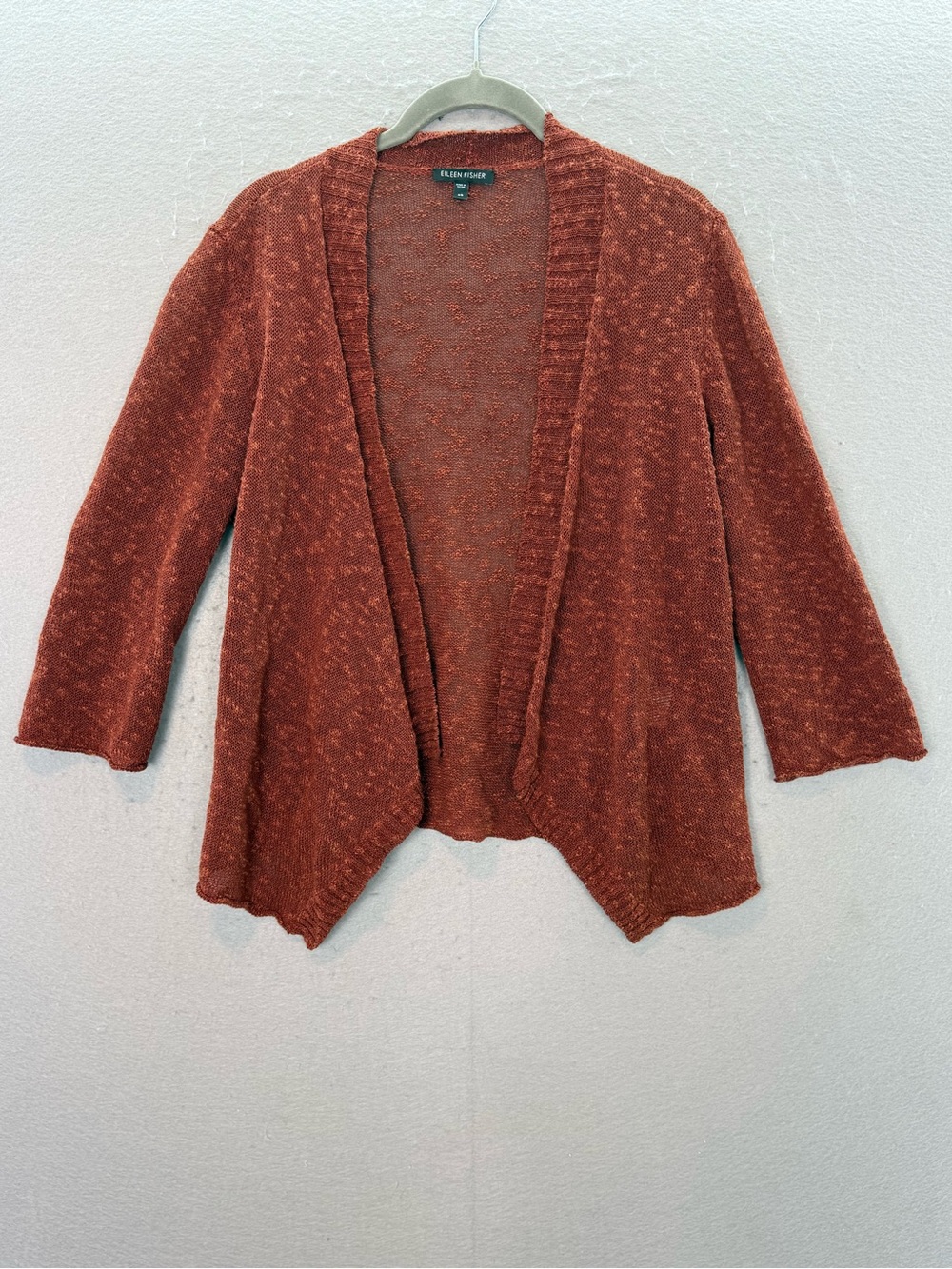 Eileen Fisher women’s linen cotton blend open front knit cardigan rust orange XS